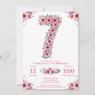 Big 7th Birthday Green Foliage Girl Pink Blume Einladung