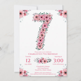 Big 7th Birthday Green Foliage Girl Pink Blume Einladung