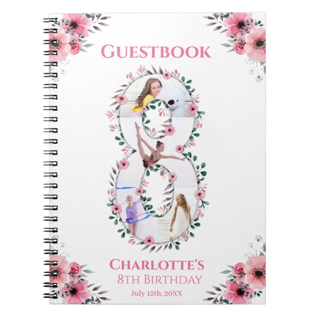 Big 8th Birthday Girl Foto Pink Blume Gästebuch Notizblock (Vorderseite)