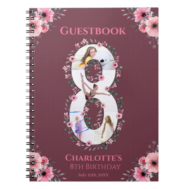 Big 8th Birthday Girl Foto Pink Blume Gästebuch Notizblock (Vorderseite)