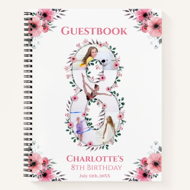 Big 8th Birthday Girl Foto Pink Blume Gästebuch Notizbuch (Vorderseite)