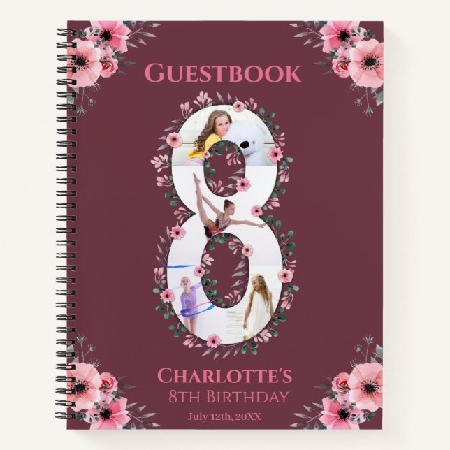 Big 8th Birthday Girl Foto Pink Blume Gästebuch Notizbuch (Vorderseite)
