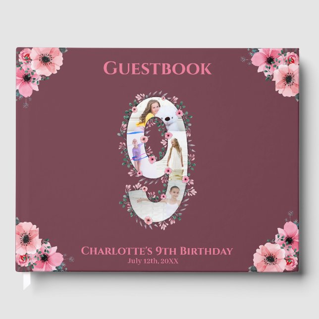 Big 9th Birthday Foto Collage Flower Girl Pink Gästebuch (Vorderseite)