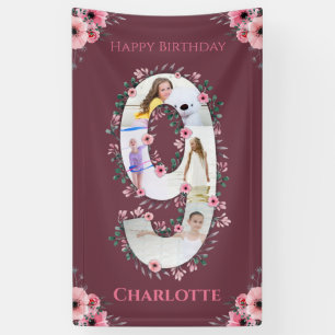 Big 9th Birthday Girl Foto Collage Pink Blume Banner