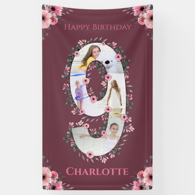 Big 9th Birthday Girl Foto Collage Pink Blume Banner (Vertikal)