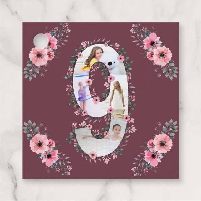 Big 9th Birthday Girl Foto Collage Pink Blume Geschenkanhänger (Vorderseite)