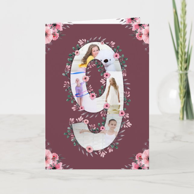 Big 9th Birthday Girl Foto Collage Pink Blume Karte (Vorderseite)