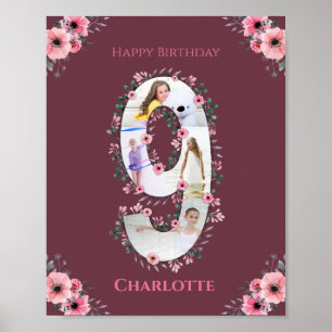 Big 9th Birthday Girl Foto Collage Pink Blume Poster