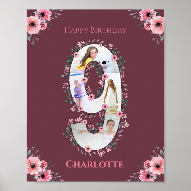 Big 9th Birthday Girl Foto Collage Pink Blume Poster (Vorne)