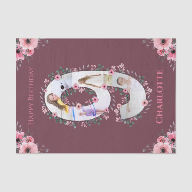 Big 9th Birthday Girl Foto Collage Pink Blume Seidenpapier (Vorderseite)