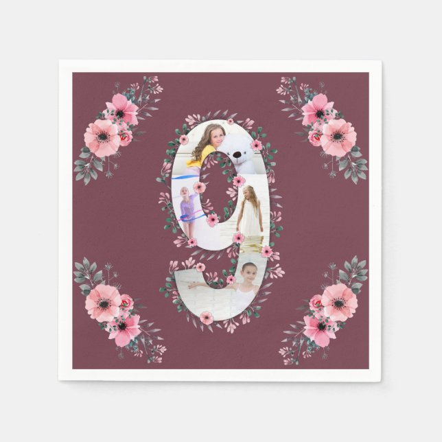 Big 9th Birthday Girl Foto Collage Pink Blume Serviette (Vorderseite)