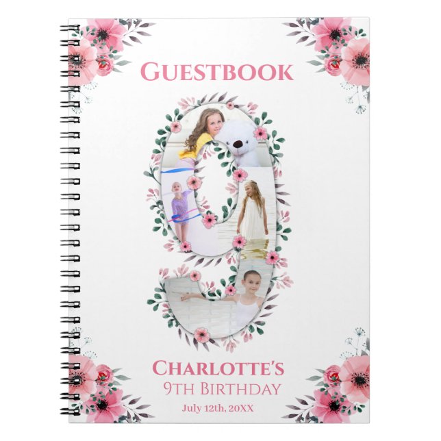 Big 9th Birthday Girl Foto Pink Blume Gästebuch Notizblock (Vorderseite)