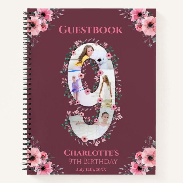 Big 9th Birthday Girl Foto Pink Blume Gästebuch Notizbuch (Vorderseite)