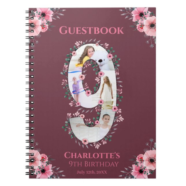 Big 9th Birthday Girl Photo Pink Flower livre d'in (Devant)