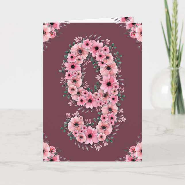 Big 9th Birthday Pink Blume Green Foliage Girl Karte (Vorderseite)