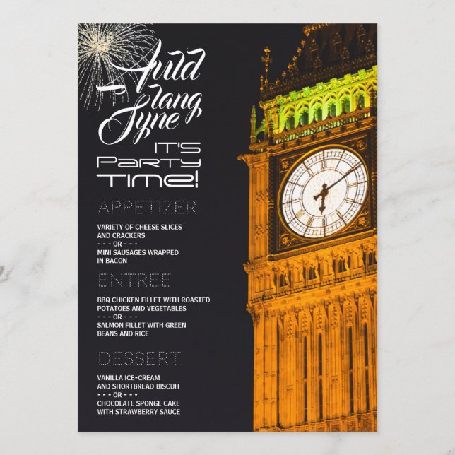 Big Ben à Londres, menu du réveillon du Nouvel An (Devant)