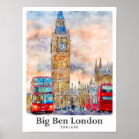 Big Ben London Watercolor Sketch Hand Drawn