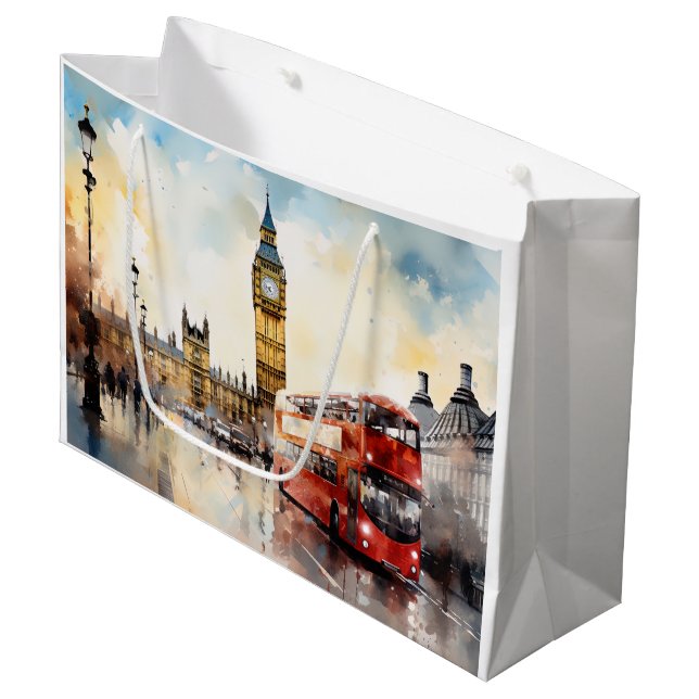 Big Ben und Red Bus in London Große Geschenktüte (Vorderseite Schrägansicht)
