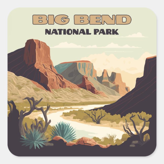 Big Bend National Park Texas Retro Reisen Quadratischer Aufkleber (Vorderseite)