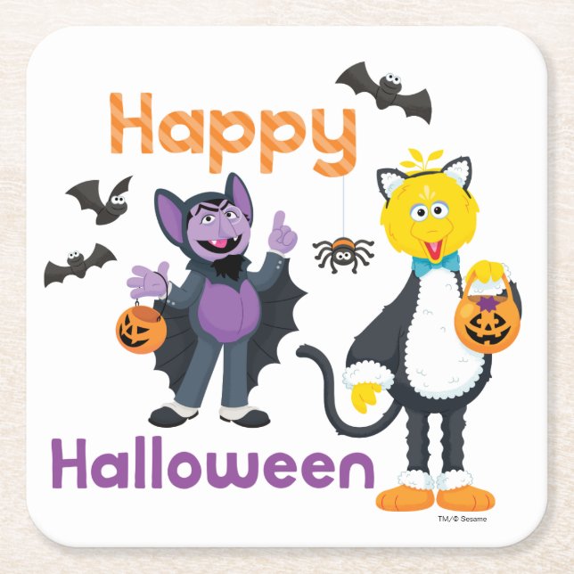 Big Bird und Count | Happy Halloween Rechteckiger Pappuntersetzer (Vorderseite)