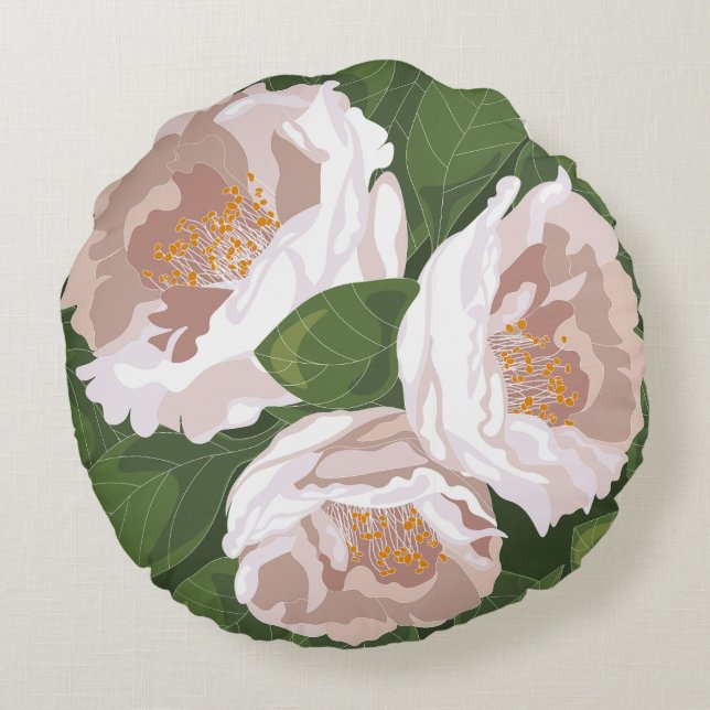 Big Bloom Camellia Charm Rundes Kissen (Rückseite)