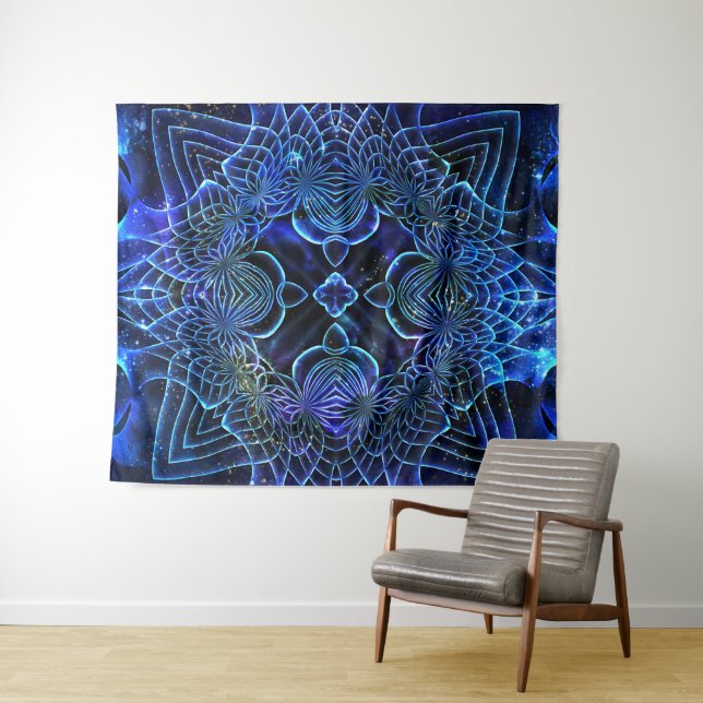 Big Blue Electric Galactic Geometry Wandteppich (Beispiel (Horizontal))
