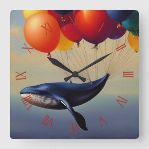 Big Blue Whale und Luftballons Quadratische Wanduhr