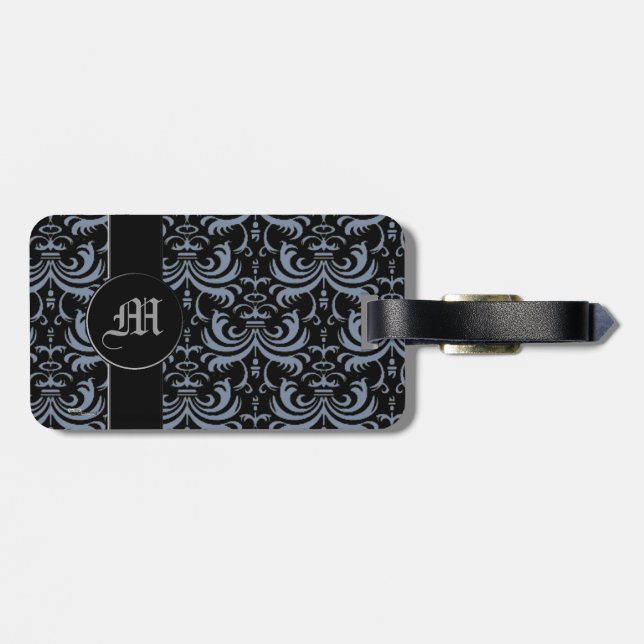 Big Bold Damask (Smokey Blue) (Monogramm) Gepäckanhänger (Rückseite horizontal)