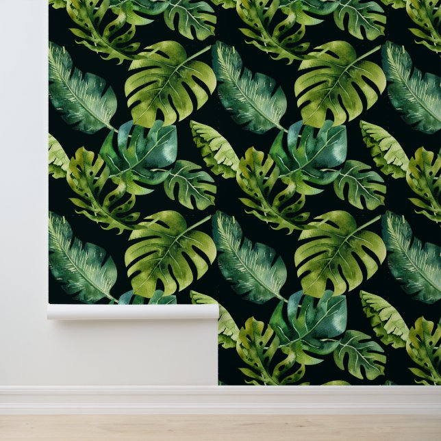 Big Bold Green Tropical Blätter auf Black Tapete (Anwendung)