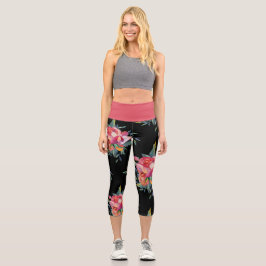 Big Bold Motif Flower sur Black Capri Leggings