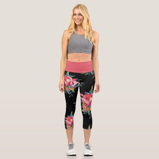 Big Bold Motif Flower sur Black Capri Leggings (Recto)