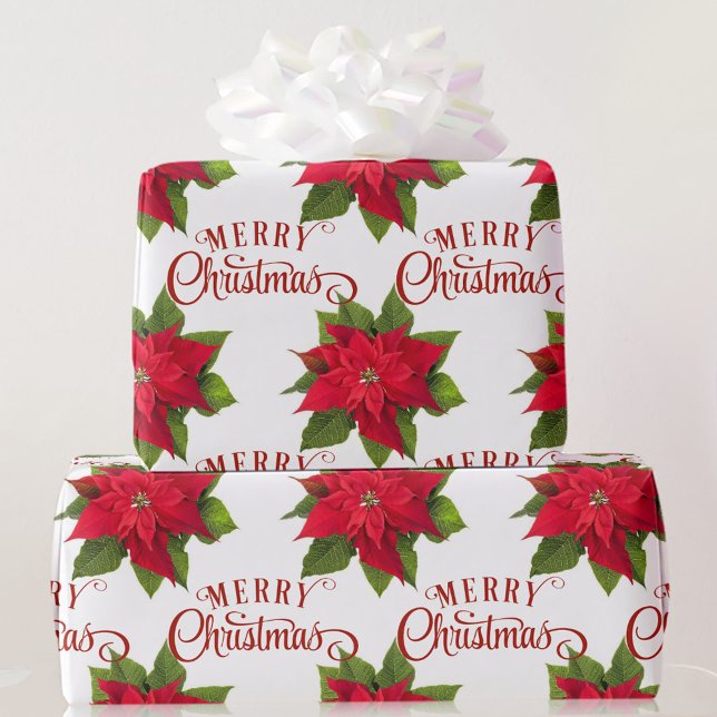 Big Bold Poinsettia Red Frohe Weihnachten Weiß Geschenkpapier (Von Creator hochgeladen)
