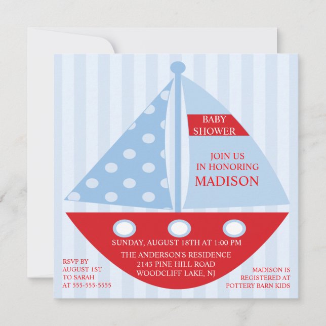 Big Bold Red Blue SAILBOAT Boy Baby Dusche Einladung (Vorderseite)