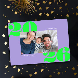 Big Bold Year New Years Foto Lilac Acid Green Feiertagskarte