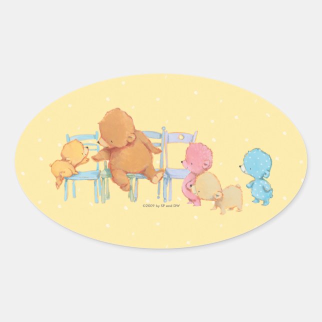 Big Brown Bear & Friends teilen vier Stühle Ovaler Aufkleber (Vorderseite)
