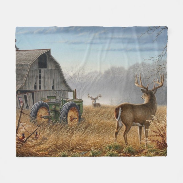 Big Buck Deer Showdown auf dem Bauernhof Fleecedecke (Vorderseite (Horizontal))