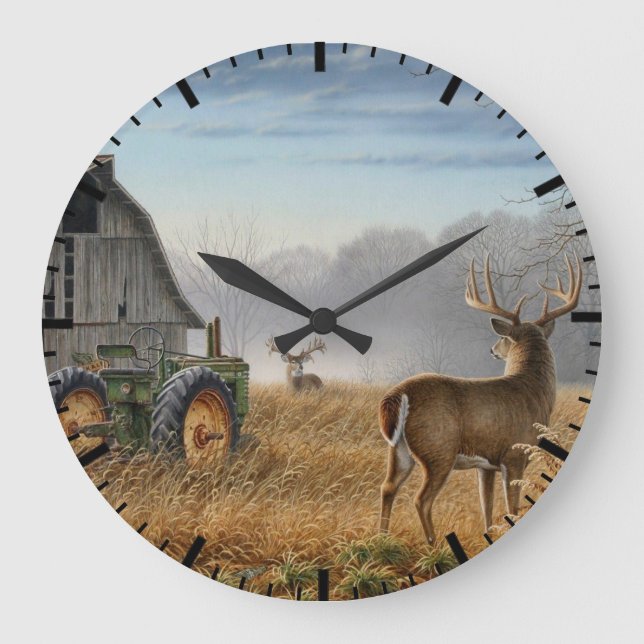 Big Buck Deer Showdown auf dem Bauernhof Große Wanduhr (Vorderseite)