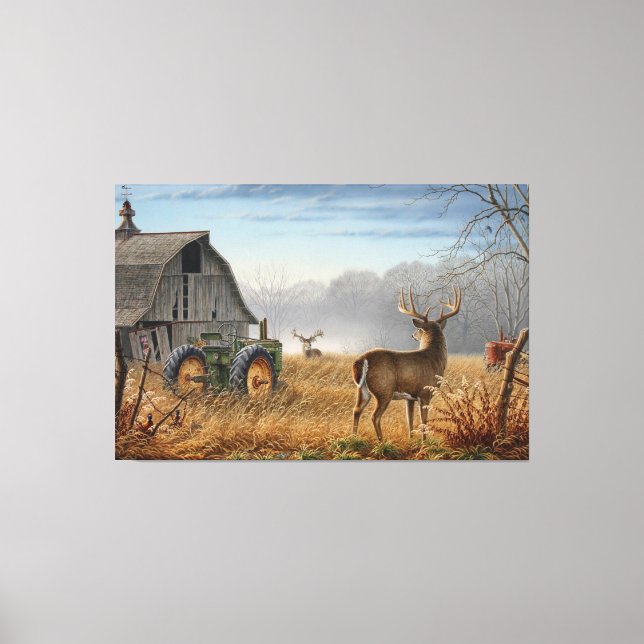 Big Buck Deer Showdown auf dem Bauernhof Leinwanddruck (Vorderseite)