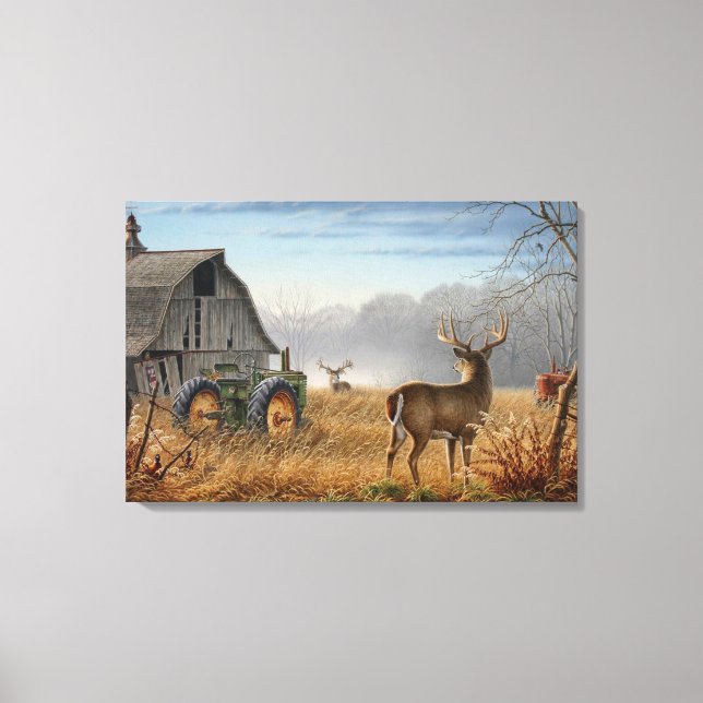 Big Buck Deer Showdown auf dem Bauernhof Leinwanddruck (Vorderseite)