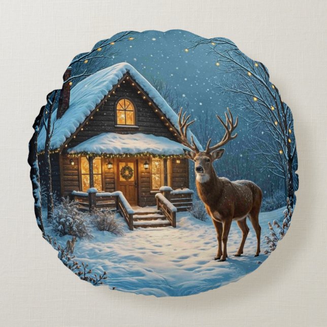  Big Buck's Snowy Christmas Visit Rundes Kissen (Vorderseite)