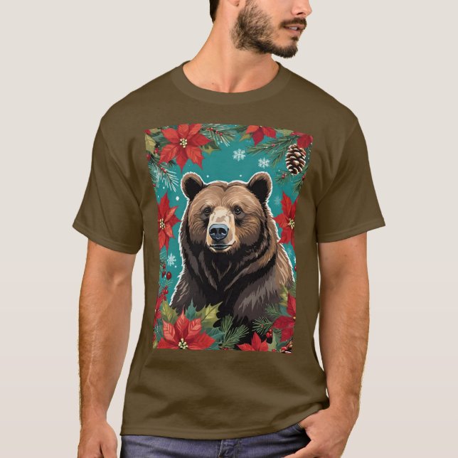 Big Christmas Brown Bear With Poinsettias T-Shirt (Vorderseite)