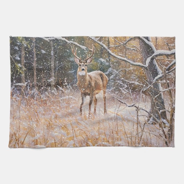 Big Deer Buck dans Neige Chute Art Serviette de cu (Horizontal)