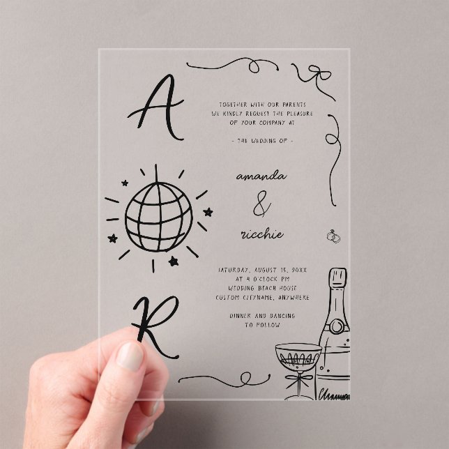 Big Disco Monogram French Fun Hand Drawn Wedding Acryleinladungen (Insitu (Handheld))