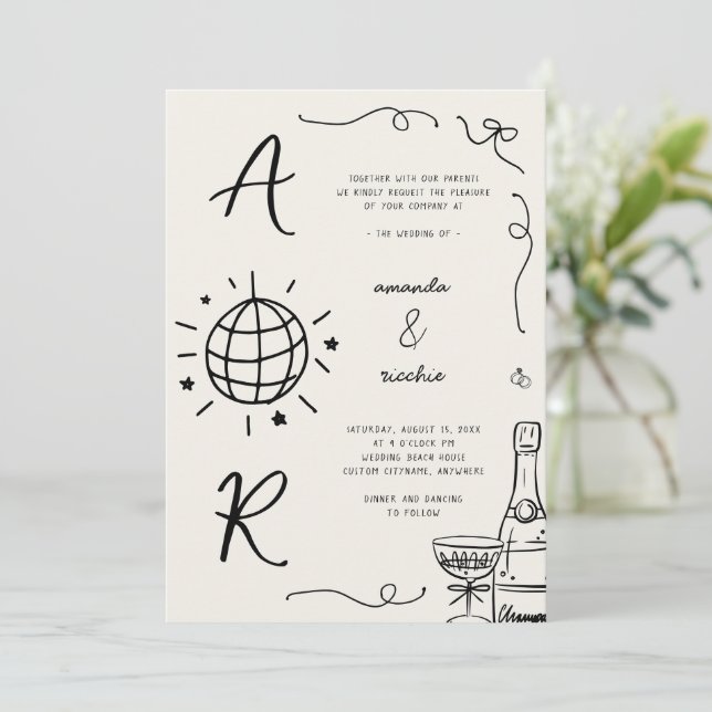 Big Disco Monogram French Fun Hand Drawn Wedding Einladung (Stehend Vorderseite)