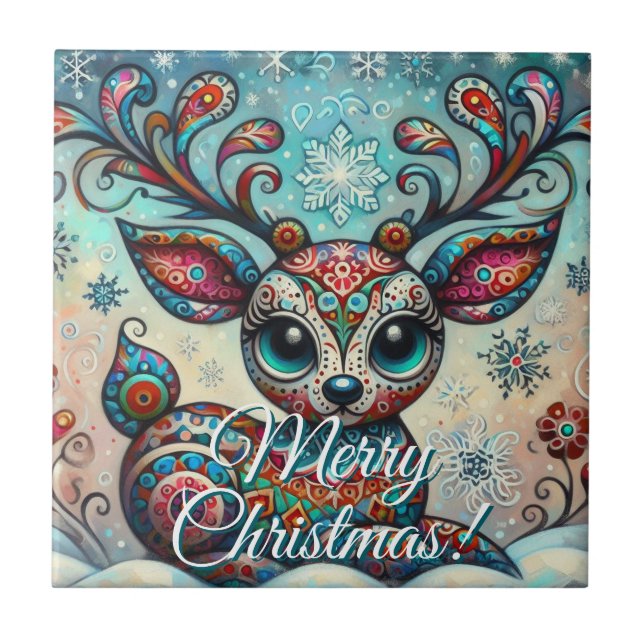 Big Eye Christmas Reindeer Folk Art Personalized Fliese (Vorderseite)