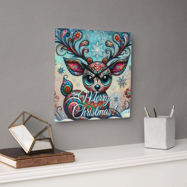 Big Eye Christmas Reindeer Folk Art Personalized Quadratische Wanduhr (Büro)