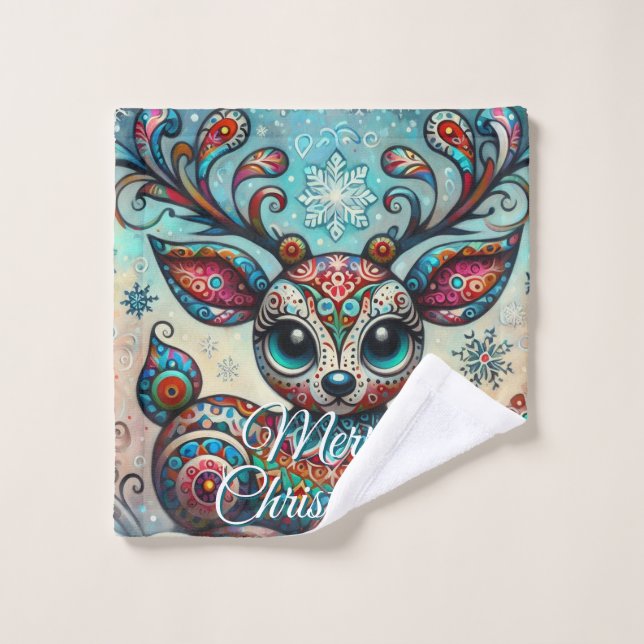 Big Eye Christmas Reindeer Folk Art Personalized Waschlappen (Waschlappen)