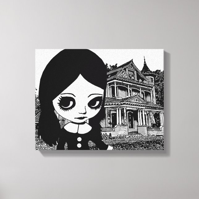 Big eye Goth girl Haunted house Original art  Leinwanddruck (Vorderseite)
