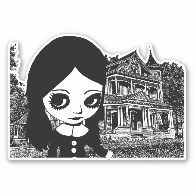 Big eye Goth Girl Spuk Haus Original Kunst Aufkleber (Vorderseite)