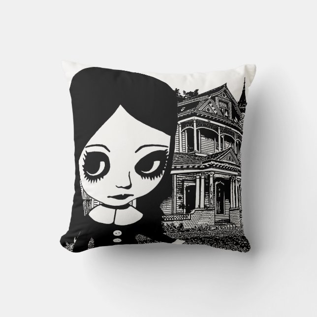Big eye Goth Girl Spuk Haus Original Kunst Kissen (Vorderseite)